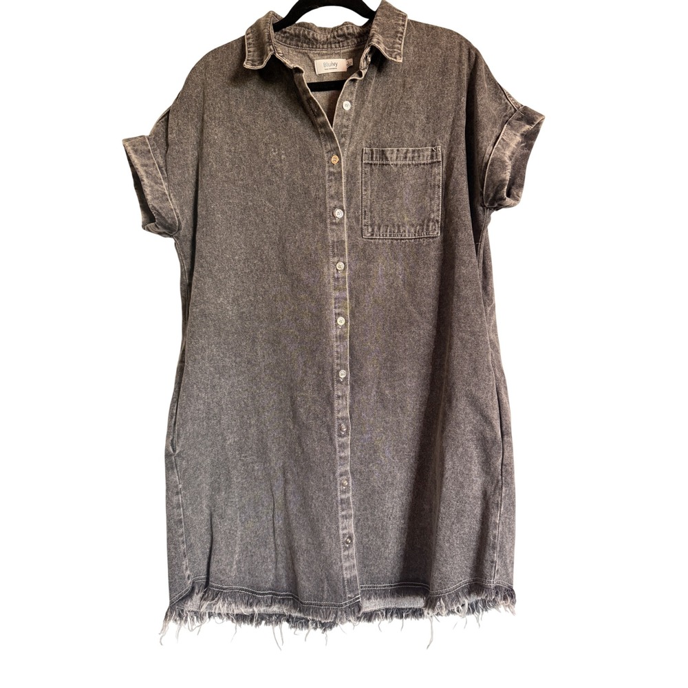 BluIvy Women's Freya Sz L Gray Acid Wash‎ Denim Shirt Dress Casual Chic